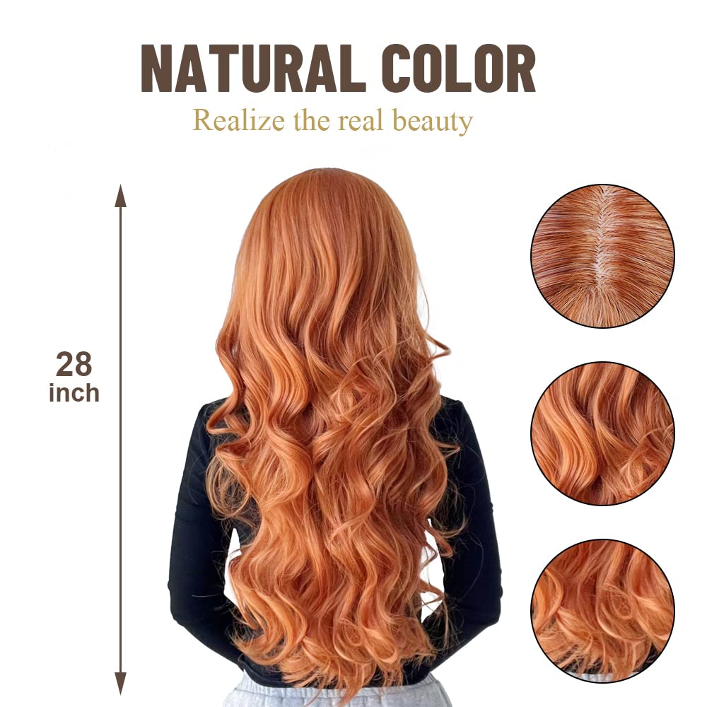 OUFEI Long Wavy Orange Wigs With Bangs for Women Natural Synthetic Hair Heat Resistant Wigs for Daily Party Cosplay Wear-28 Inches