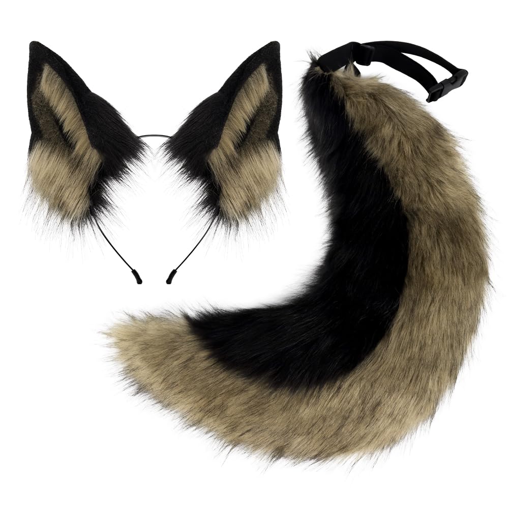 QinRuan Faux Fur Wolf Ears Headband Furry Dog Tail Set Animal Coustume Cospaly Halloween Party, 1-strawblack, One Size