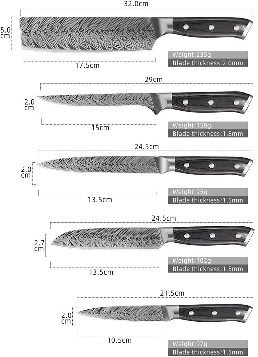 Kitchen Knife Sets, 10PCS Stainless Steel Chef Knife Set Laser Damascus Fishbone Pattern Japanese Santoku Slicing Knives Black Wood Handle