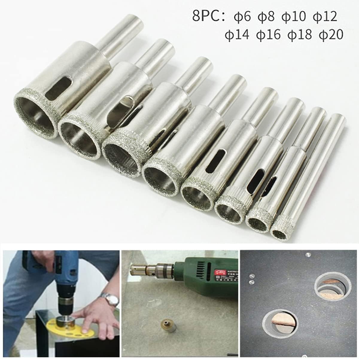 UPTODATETOOLS 8Pcs Diamond Coated Drill Bits Hole Saw Set,Heavy Duty Hole Saw Kit for Glass Ceramic Tile Marble Ceramics Bottles (6mm-20mm) 2