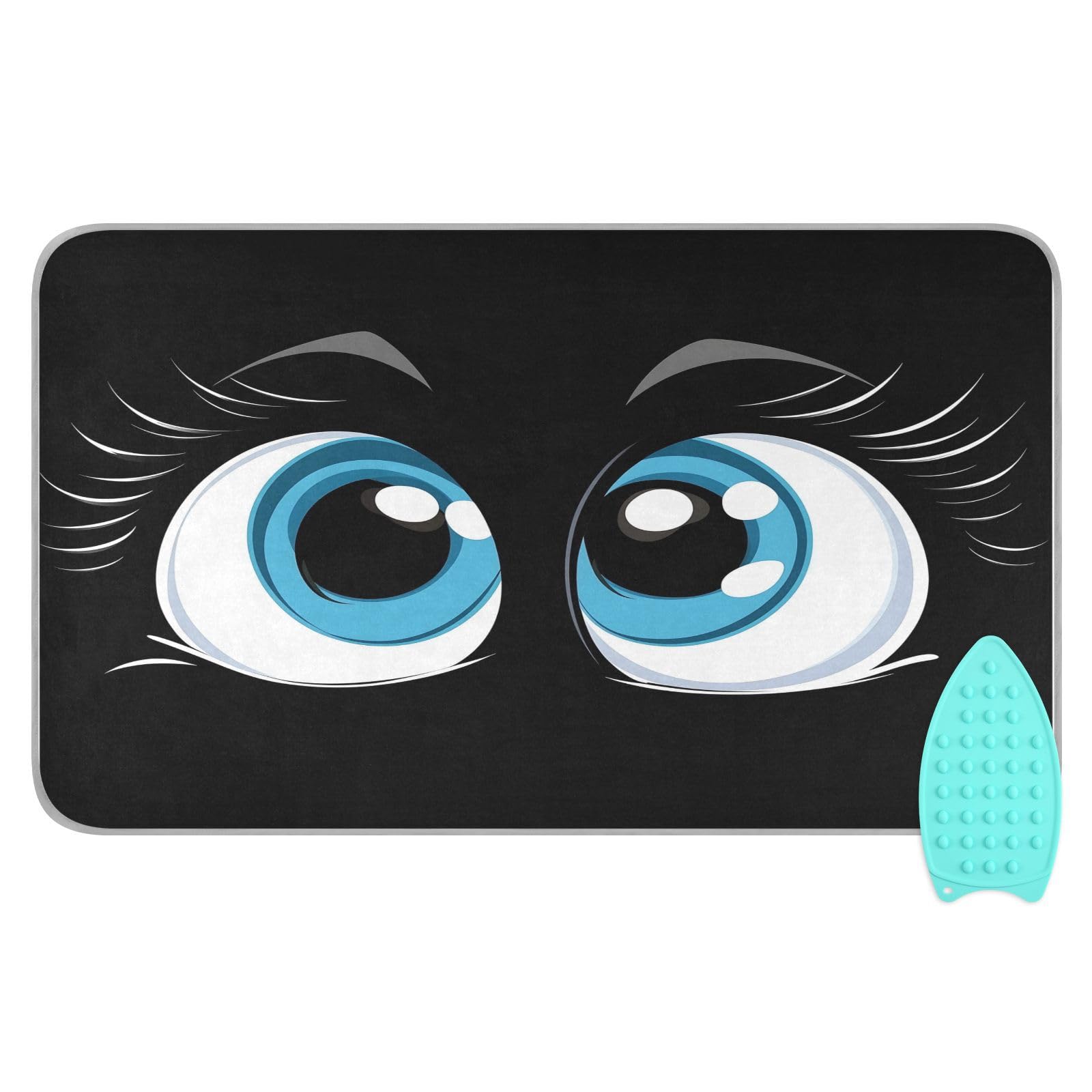 pnyoin Portable Ironing Mat Lovely Cartoon Eyes Black Travel Ironing Pad with Silicone Iron Rest for Steam Pressing on Tabletop or Bed Heat Resistant Portable Quilting & Travel Blanket