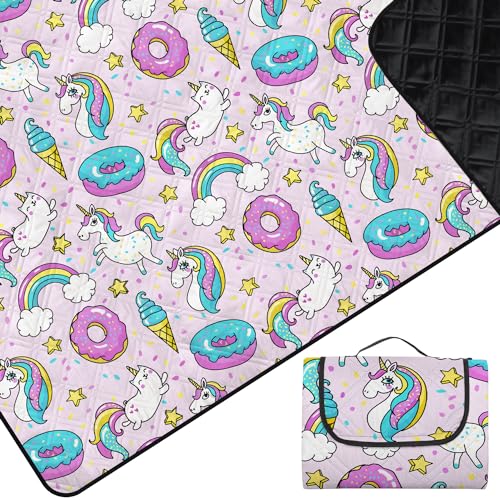 Neloheac Unicorn Pink Picnic Blankets for Kids Girls Waterproof Large 200 x 200 cm, 3-Layers Garden Picnic Mat Washable Foldable, Portable Picnic Blanket for Children Family Park Lawn Grass Outdoor