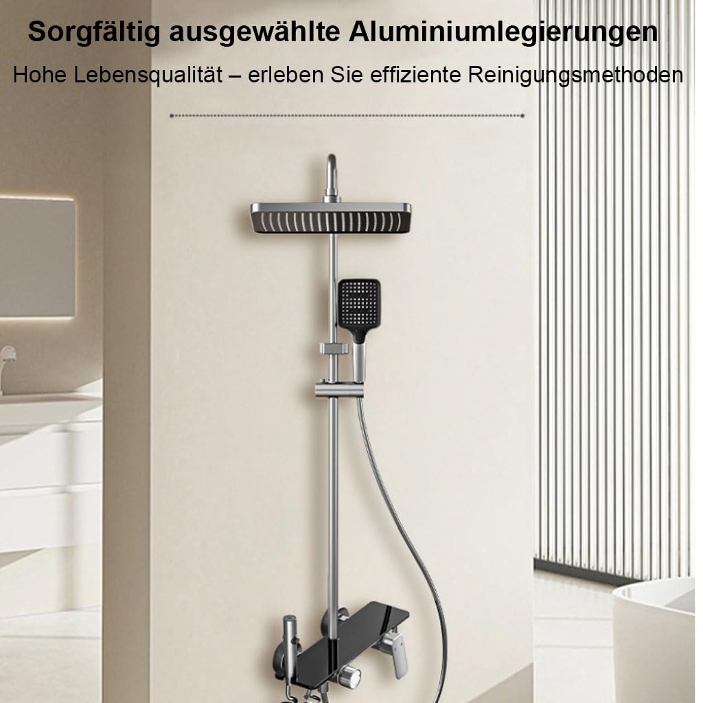Saliscendi Doccia con soffione Grigio Metallizzato 4 funzioni | Saliscendi doccia grigio metallizzato,soffione 285mm,4 modalità pulsanti,ripiano portaoggetti,asta regolabile