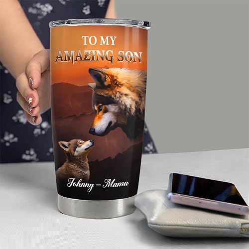 Miniatura 4 de SANDJEST Taza personalizada de lobo para hijo de mamá 20oz 30oz con tapa, regalo para hijo, Navidad, cumpleaños