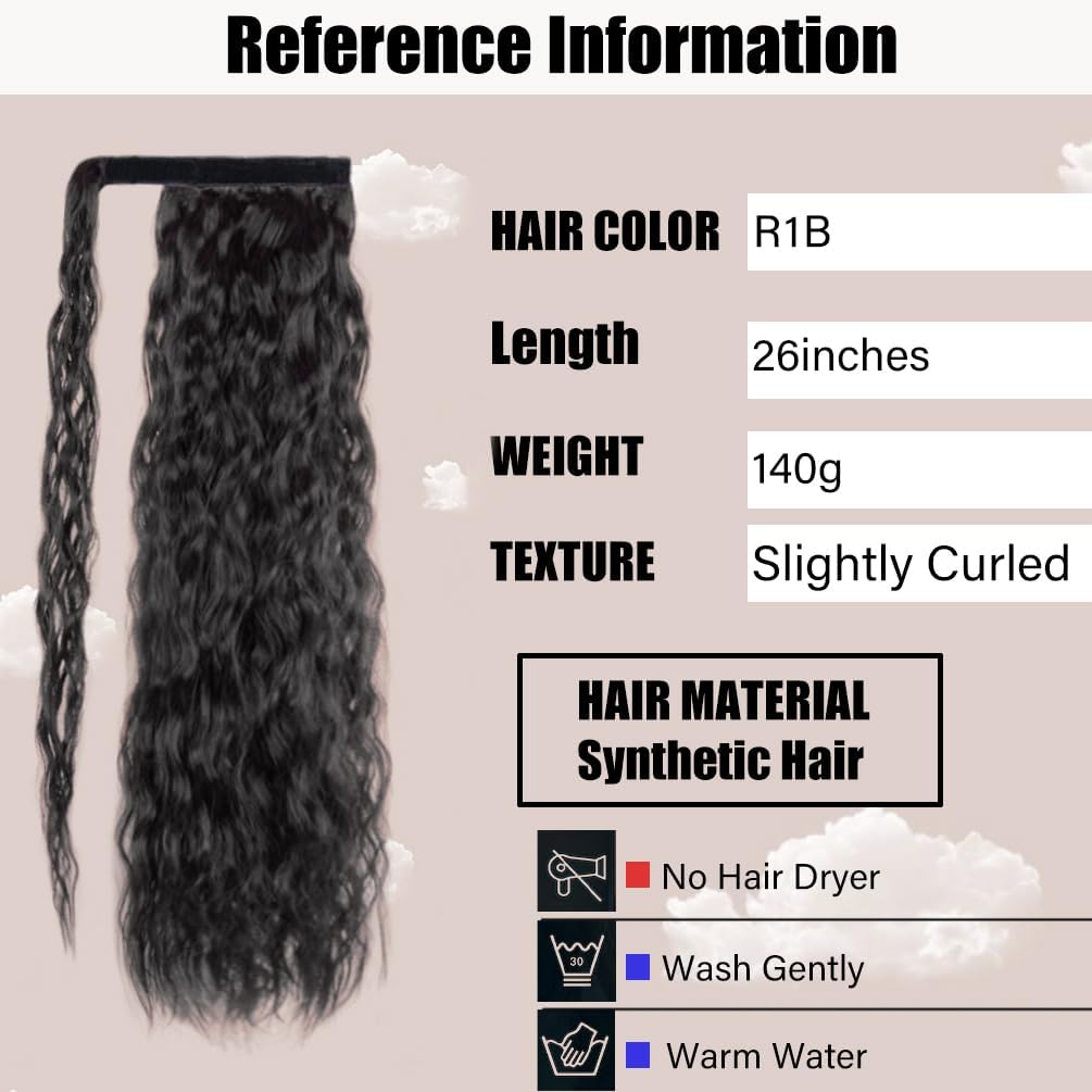 rosmile Corn Wave Ponytail Extension Wrap Around 26 Inches Long Curly Wavy Pony Tail Extension Synthetic Black Ponytails Hairpiece for Women Girls (26 Inches, 1B Natural Black)