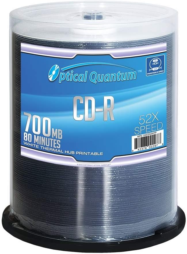 Optical Quantum CD-R 700MB 52X White Thermal Hub Printable - 100 Disc Cake Box OQCD52WTP
