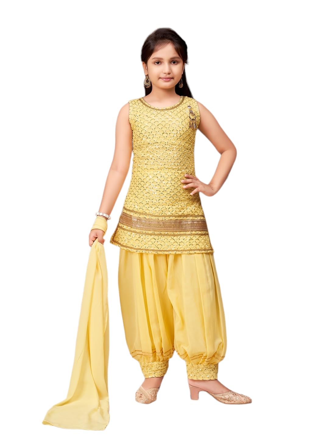 Aarika Girls Ethnic Wear Black Colour Sequin Embroidery/Lace Work Georgette Kurti Patiala Set With Dupatta