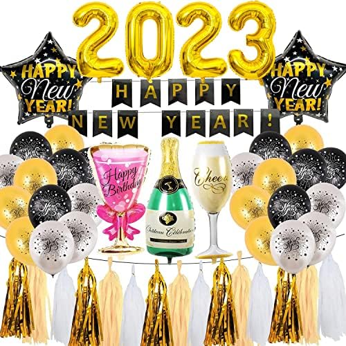 New Year's Eve Party Decoration, 2023 New Year Decoration, Happy New Year Banner, 2023 Foil Balloons Party Foil Star Champagne Goblet Balloons, Decoration New Years Graduations Party