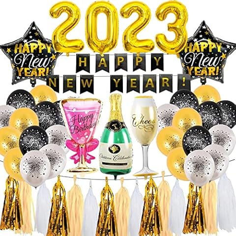 New Year's Eve Party Decoration, 2023 New Year Decoration, Happy New Year Banner, 2023 Foil Balloons Party Foil Star Champagne Goblet Balloons, Decoration New Years Graduations Party Cover