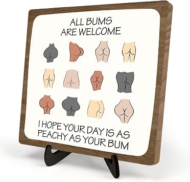 Funny Bathroom Sign Decor, Vintage Wood Plaque Sign With Stand,Bathroom Quote Wooden Plaque Sign With Saying All Bums Are Welcome, Shelf Bathroom Toilet Home Decor 5.9x5.9 Inch