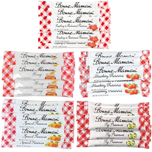Gift Box of 25 Bonne Maman 1/2 oz. Preserve Packets (5 Strawberry, 5 Raspberry-Redcurrant, 5 Apricot, 5 Fig & 5 Honey)