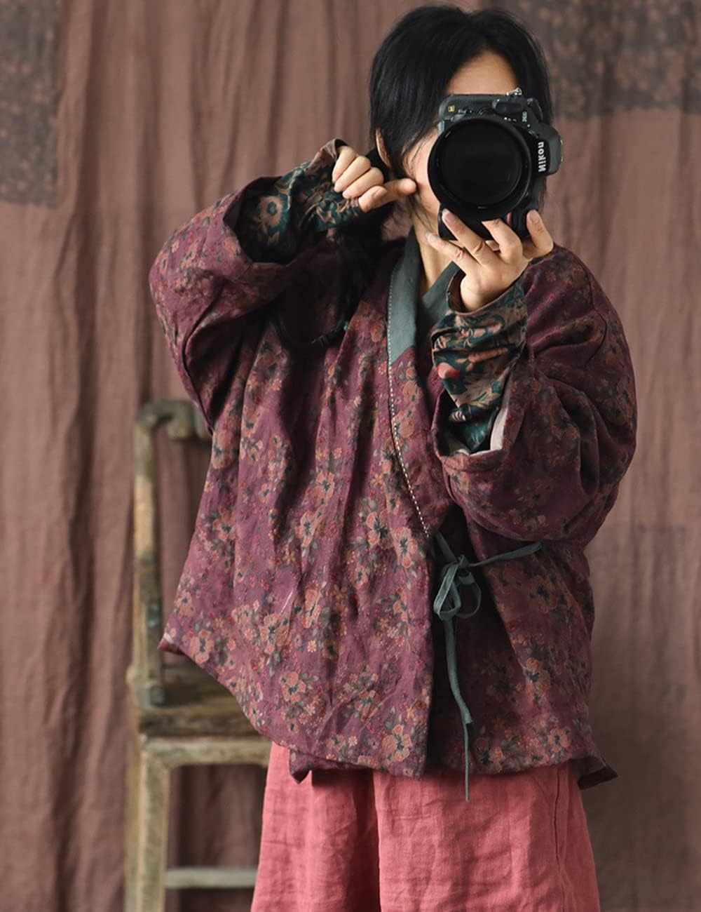 NFYM Women's Cotton Padded Short Jacket Kimono Cardigan Wrap Front Chinese Hanfu Style Printed Patchwork Loose Outwear - Image 6