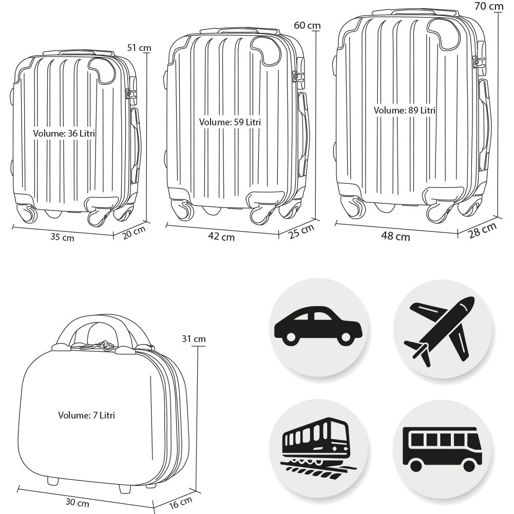 Set 3 Valigie Rigide in ABS, Valigia M-L-XL e Beauty Case, Manico Telescopico e Ruote Easy Roll, Lucchetto Serratura a Codice, Trolley Resistenti da Viaggio, Bagaglio a Mano (3 + 1 Nero)