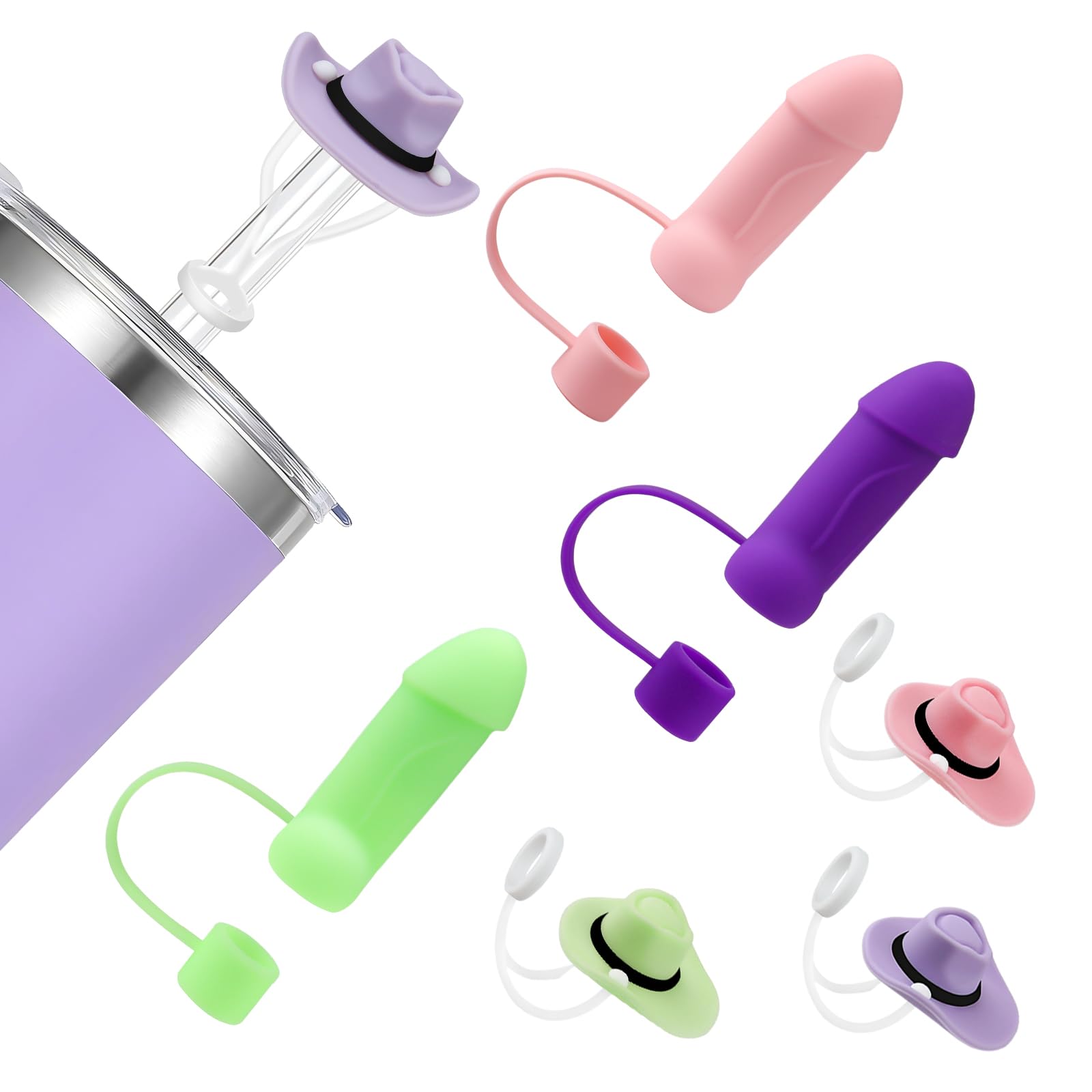 6 Pcs Straw Toppers Stanley Cup, 0.4In Reusable Silicone Cowboy Hat Straw Covers Compatible with 30 & 40 oz Tumbler, Office, Travel, Room, Fun Straw