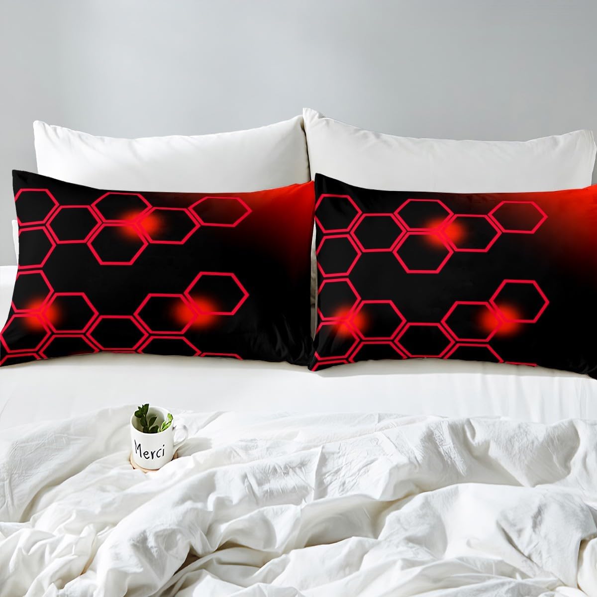 Feelyou Red and Black Bed Sheets Set King Size Honeycomb Sheet Set for Kids Boys Girls Decor Geometrical Sheets with Deep Pocket Fitted Sheet Beehive Geometric Pattern Bedding Set Bedroom