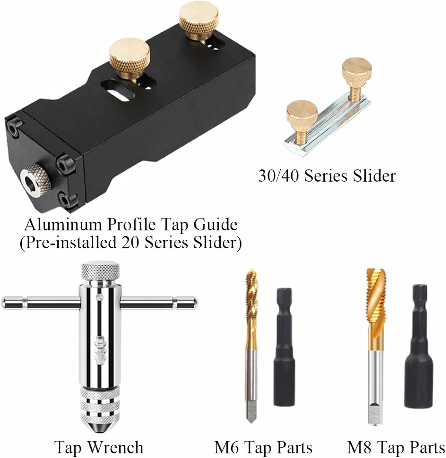 Aluminum Profile Drilling Jig, Angle Drill Guide with Slider for 2020/2040/3030/3060/4040/4080 Series (Tap Guide with 20 Series Slider + 30/40 Series Slider + M8 Tap + M8 Tap Sleeve)