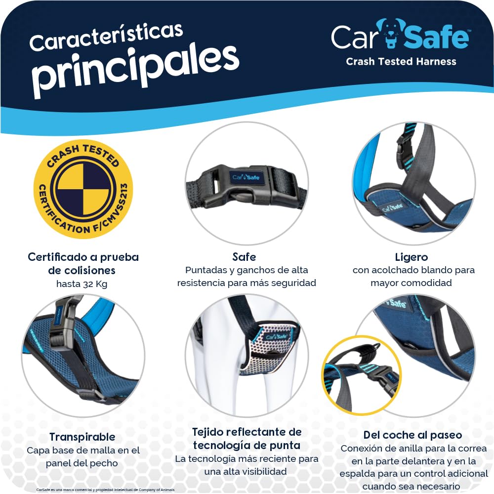 Arnés de seguridad a prueba de colisiones, certificado hasta 32 kg, sujeción segura para el perro en el coche, diseño cómodo y acolchado, para perros extra-pequeños, pequeños, medianos y grandes.