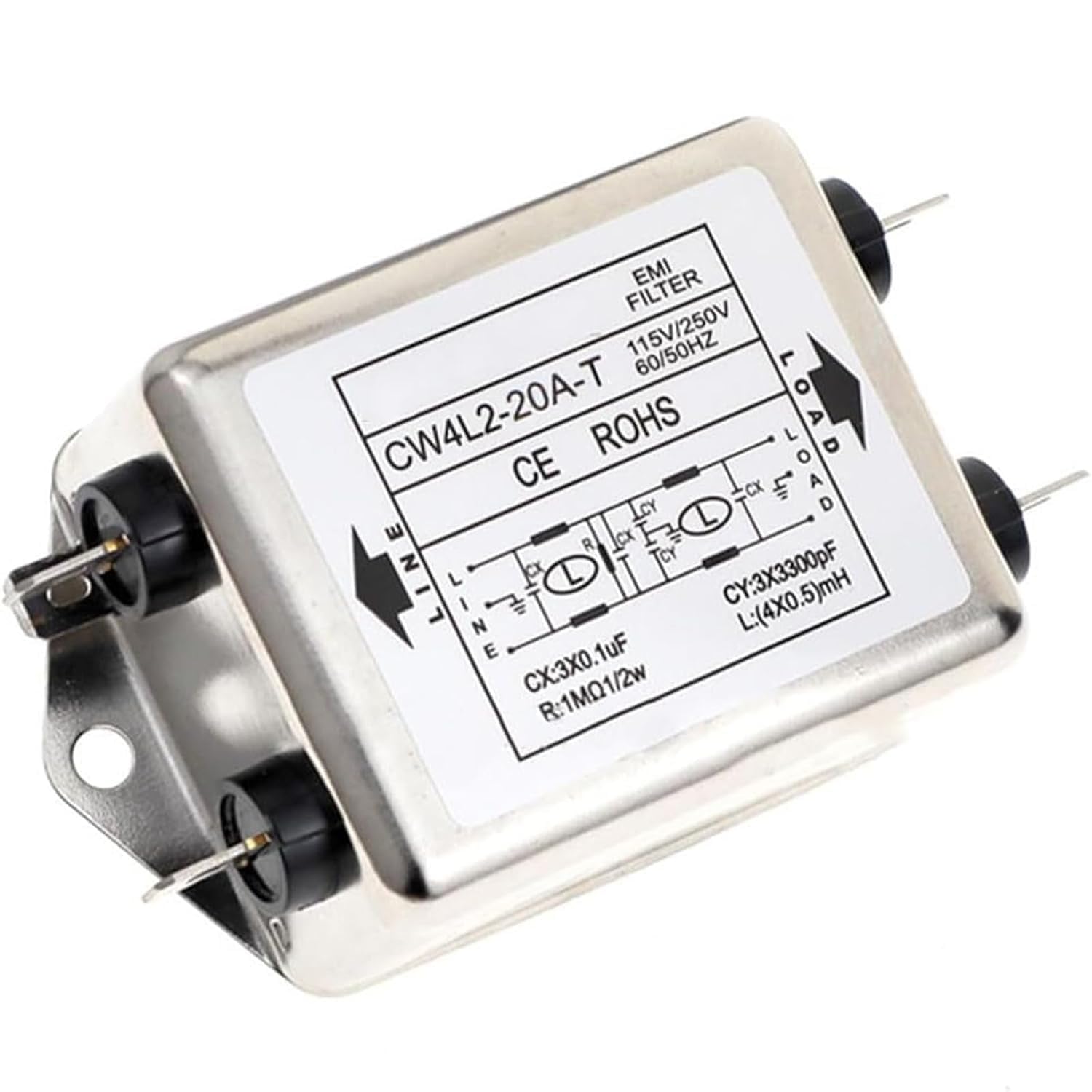 Fyearfly Filtre Emi de Ligne D’Alimentation, 115V/250V 20A 50/60Hz Cw4L2-20A-T Module de Filtre Emi avec Trou de Vis de Montage
