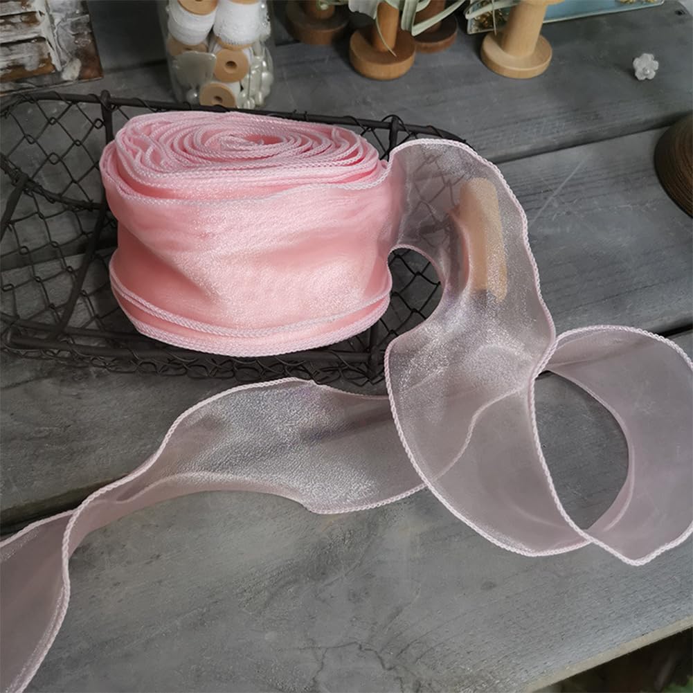 CABODYALS 35M 55mm Pink Sheer Ribbon Sparkle Transparent Organza Trim Sweet Rose Clear Chiffon Fabric Tulle Wide Pastel Ribbons for Gifts Wrapping Making Bows Flower Wedding Bouquets Invitation Decor - Image 3