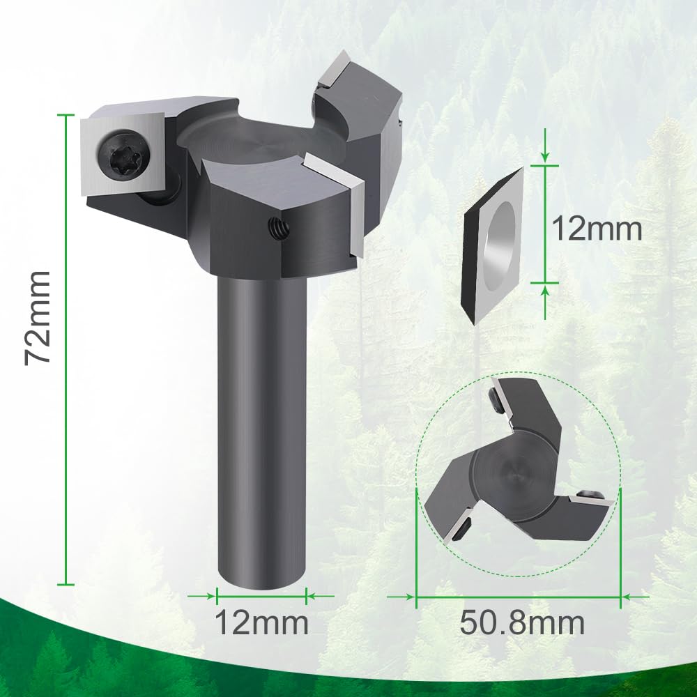 Fresa per fresatura superiore con gambo da 12 mm, diametro di taglio 50,8 mm, dotata di 3 lame intercambiabili in metallo duro da 12 x 12 mm, fresa per fresatura pianificata, fresatura e