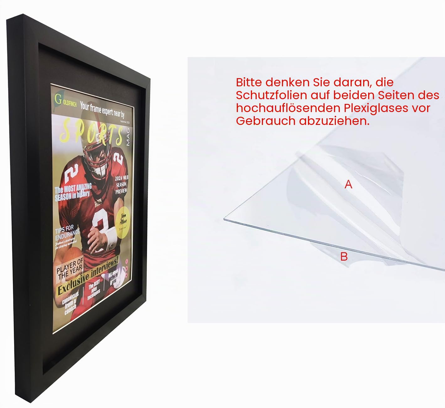 Goldfinch 2 Packungen Sport-Magazin-Rahmen, Zeitschriften mit den Maßen 8,5 x 11,25 oder 21 x 27,9 cm, mit doppeltem schwarzem Kern, tiefer Rahmenleiste, mit installierten Aufhängern
