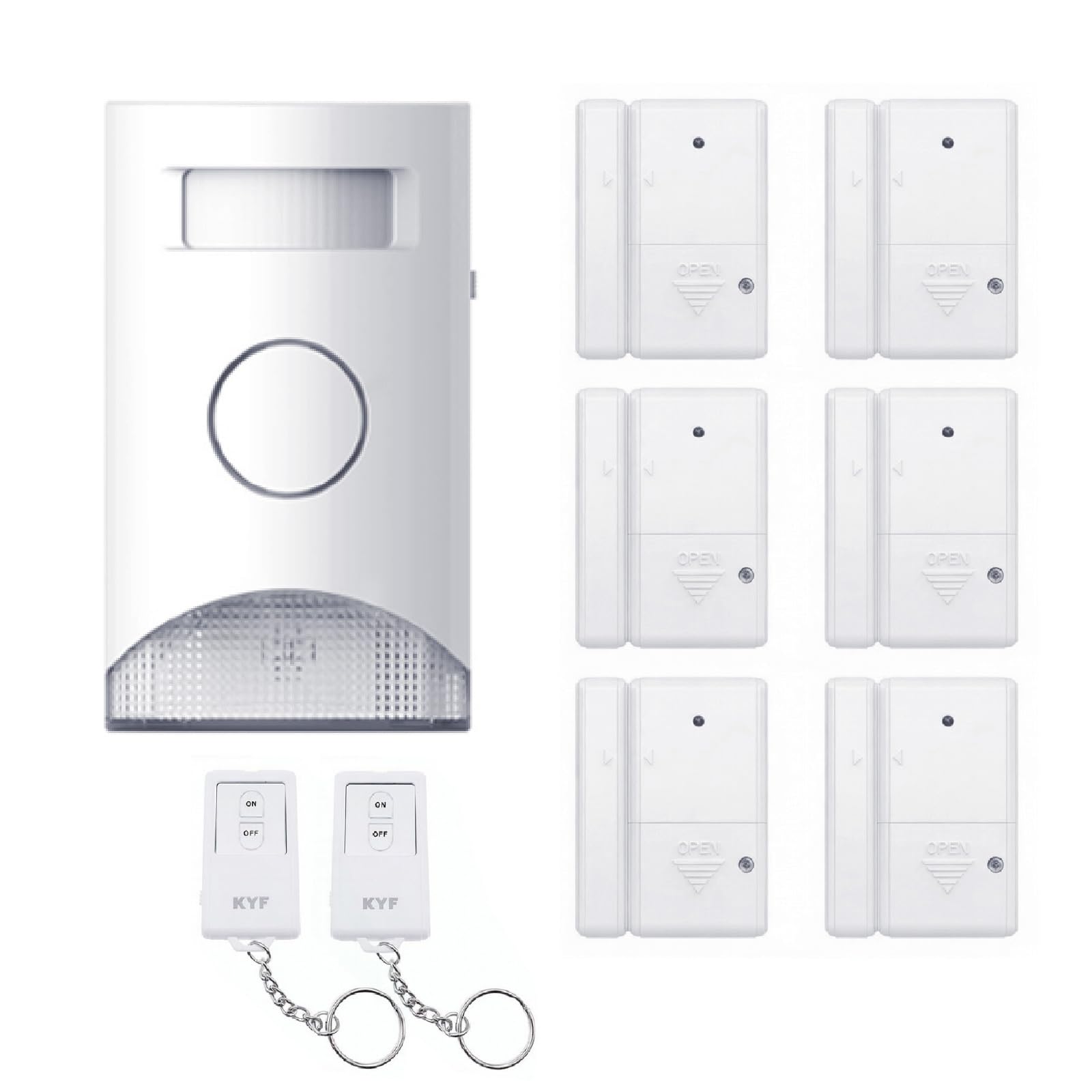 KYF - Kit Alarme Autonome à détection de Mouvement - Eclairage d'alerte intégré - détecteur d'ouverture (x6) et télécommande (x2) KYF