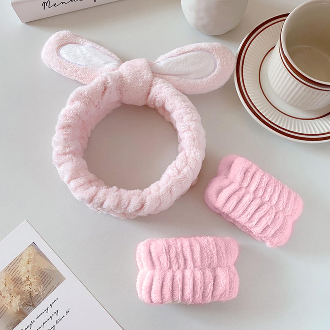 Haarband Set Mit Hasenohren – 1 Stirnband + 2 Handgelenkbänder, Wasserabsorbierend, Für Gesichtsreinigung & Beauty