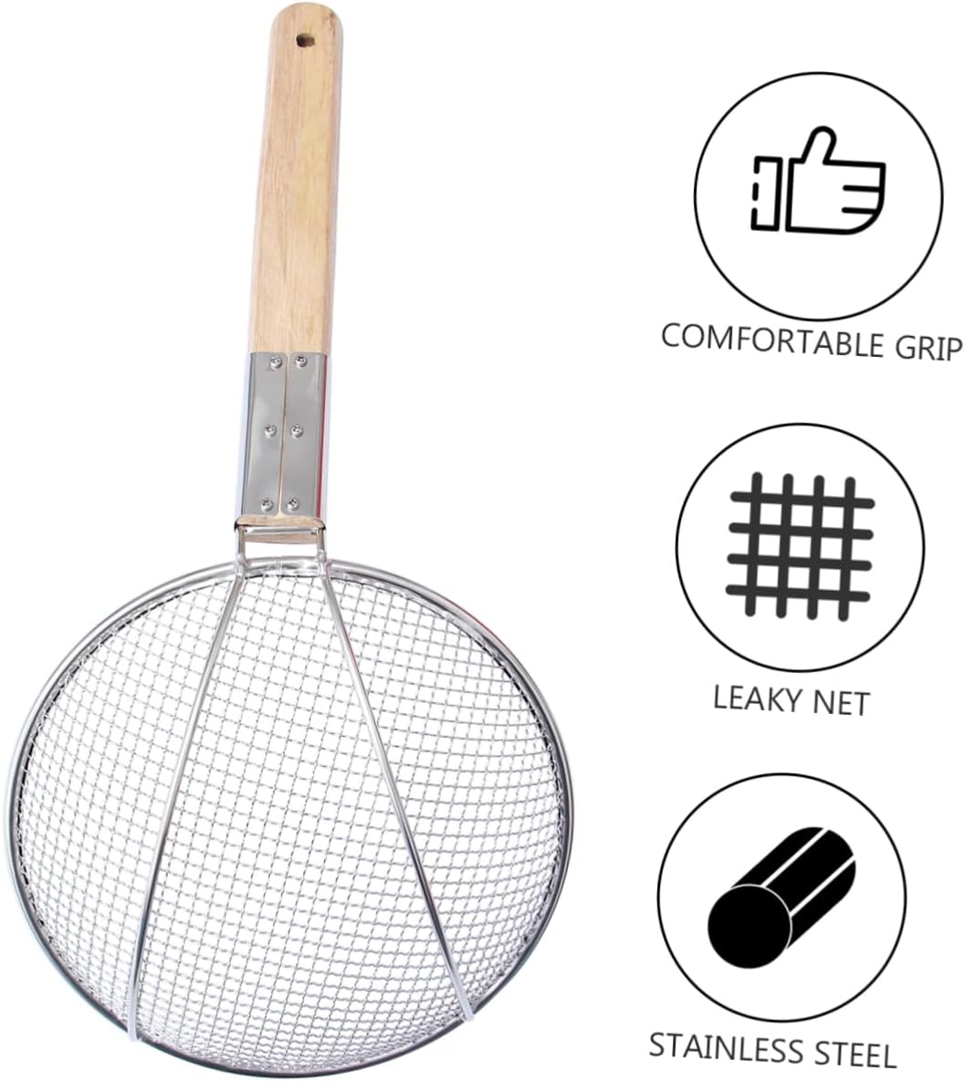 Unomor Stainless Steel Skimmer with Thick Wooden Handle Fine Mesh Strainer Spoon for Frying French Fries Noodles Vegetables Rust Kitchen Tool for Home and Restaurant Use