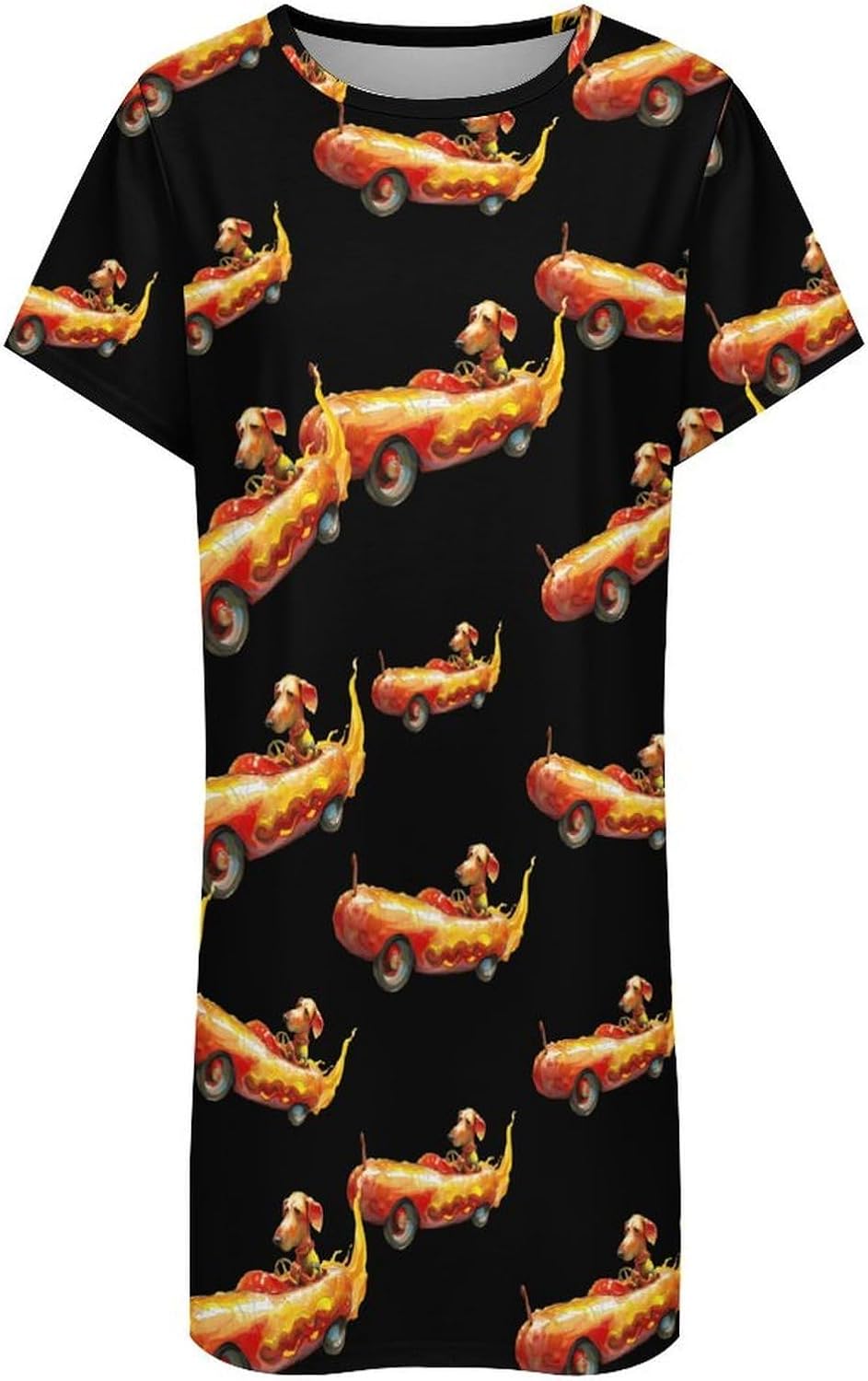 Dachshund Driving Hot Dog Flame Car Women's Nightgown Short Sleeve Sleep Shirt Casual Sleepwear Night Gowns Sleepdress