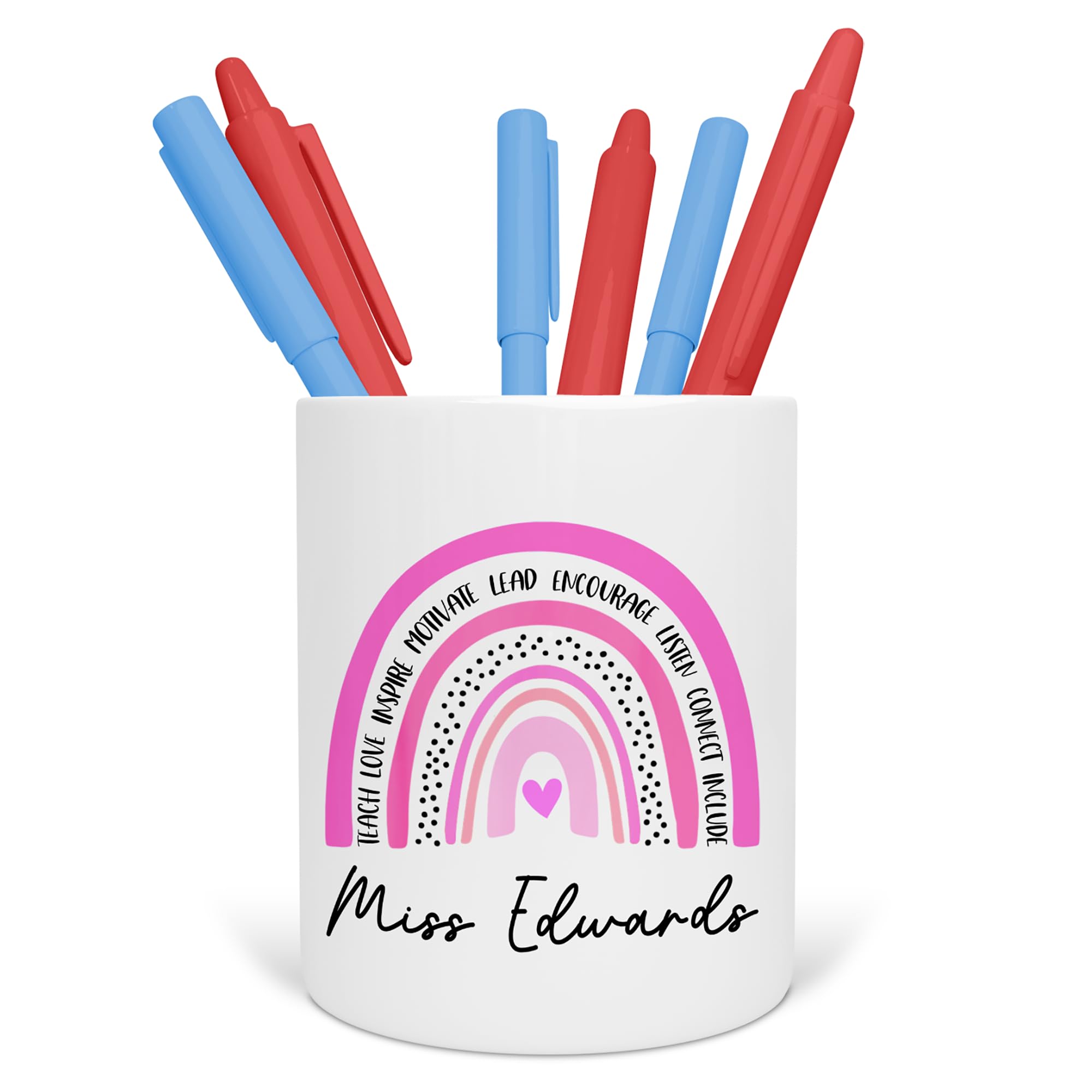 Personalised Teacher Pen Pot - Custom Rainbow Desk Organiser for School, Nursery or Office - End of Term Gift for Teaching Assistant, TA - Ceramic Pencil Holder (Pink Rainbow) โ image 1