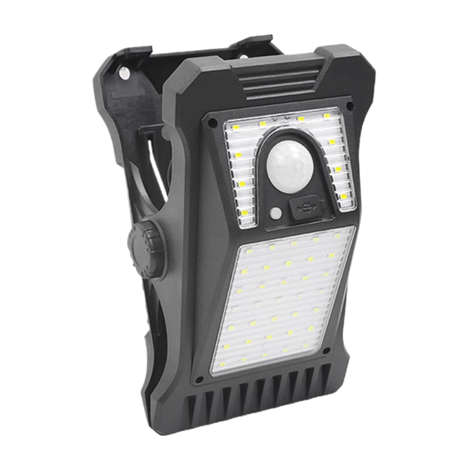 Foco solar con sensor de movimiento y pinza ajustable de doble carga solar y USB 8