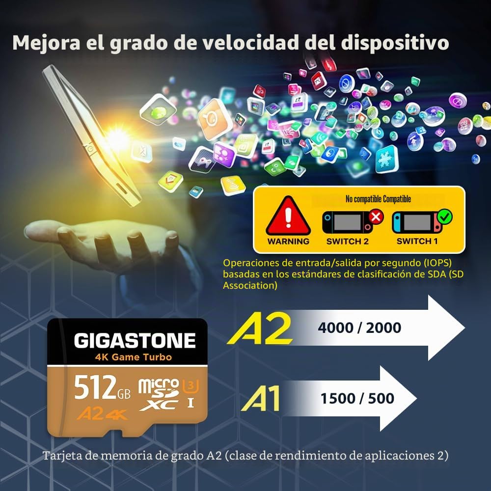 【Solo para Switch 1】 GIGASTONE Tarjeta MicroSDXC 512GB 4K Game Turbo, para Switch 1, Velocidad de 160 MB/s. Video 4K, A2 U3 V30 Micro SDXC con Adaptador SD【5 Años de Recuperación de Datos Gratis】