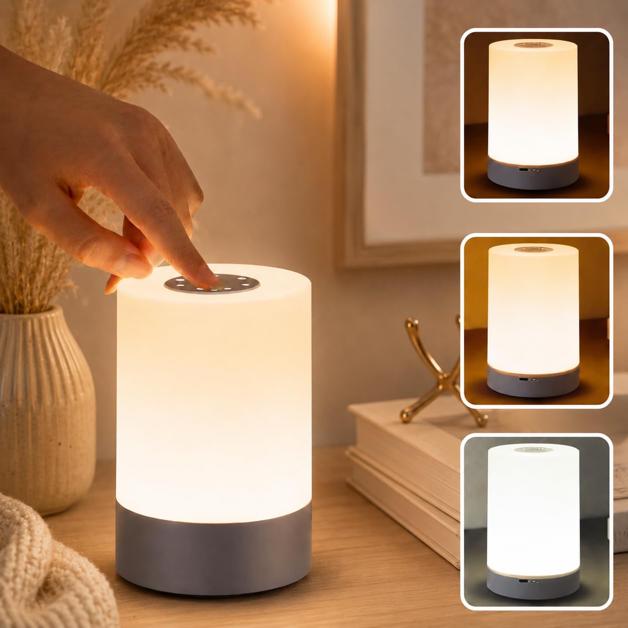 One94Store Touch Control LED Table Lamp – USB Rechargeable, Touch Control Night Light with 3-Color Dimmable Brightness for Bedroom, Living Room & Study (White, Pack of 1)