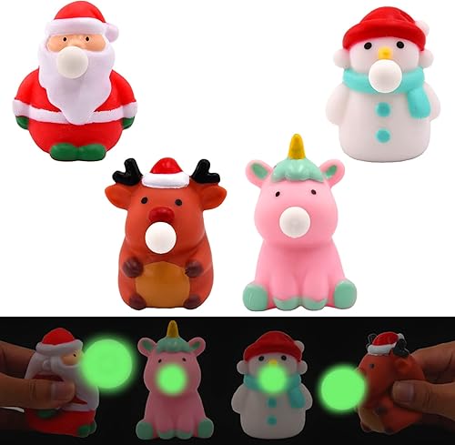 Relleno de calcetines de Navidad, paquete de 4 juguetes esponjosos que brillan en la oscuridad para niños y niñas, rellenos de calcetines de
