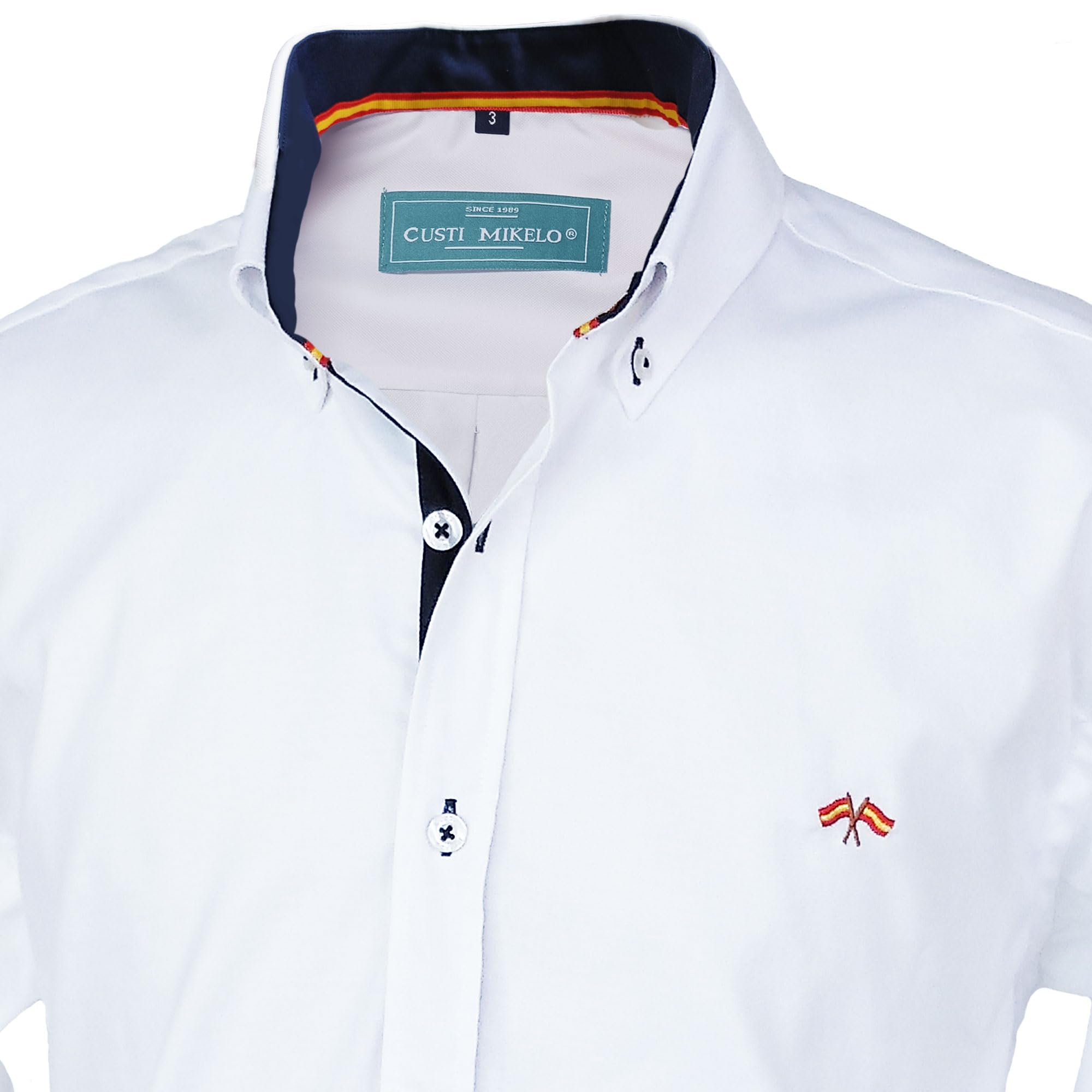 C&M Camisa con Bandera de España Hombre Blanca con Marino. Diseño Exclusivo y fabricación Nacional