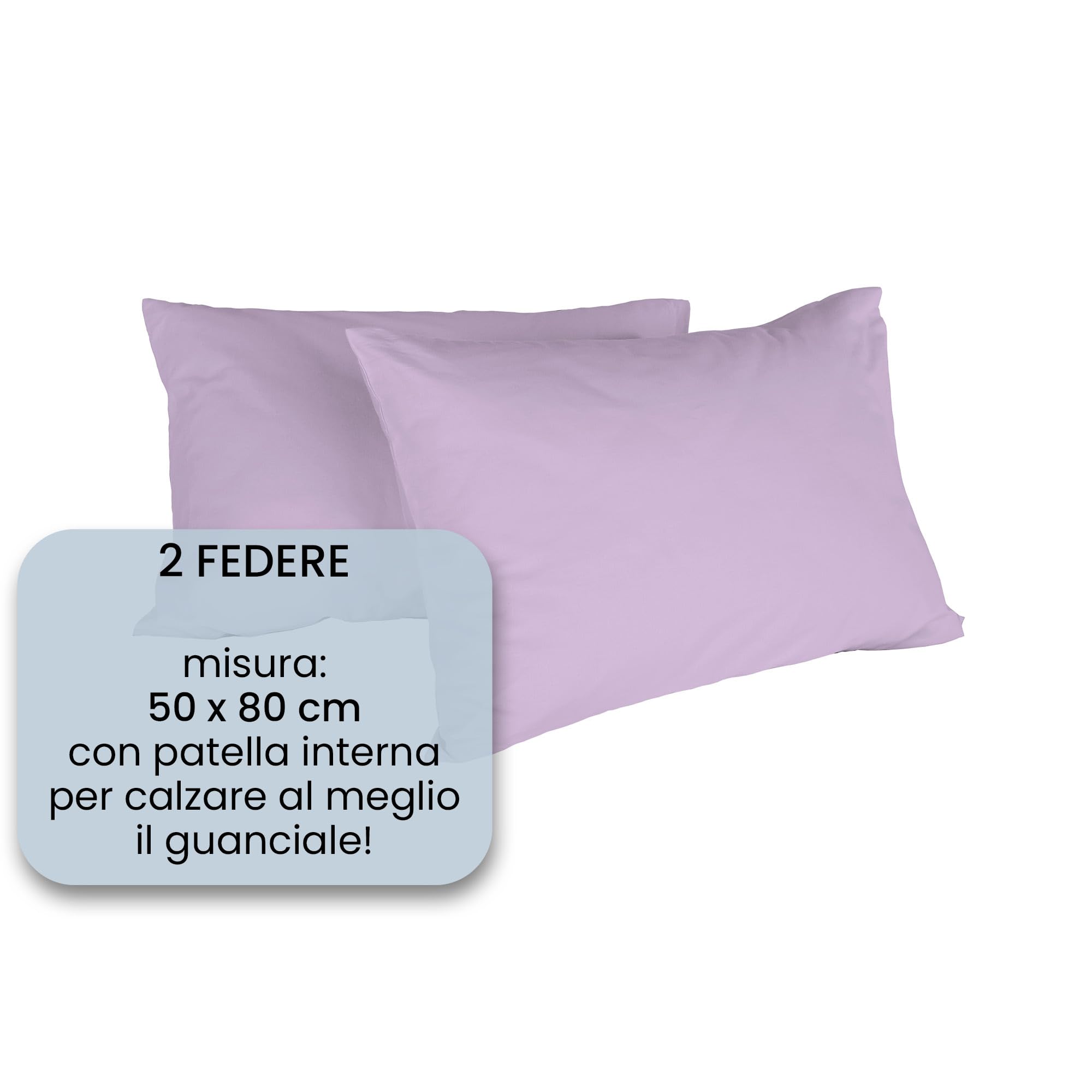 Coppia Federe 100% Cotone 50x80 cm con Patella Interna LILLA