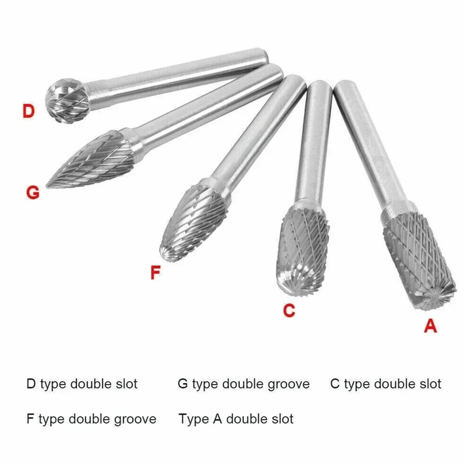 5pc ACDFG 6 * 8mm Carbide Rotary Burrs Set 6mm Shank Carving Bit Double Cutter Rotary File Super Hard For Metal Wood Stone Cut