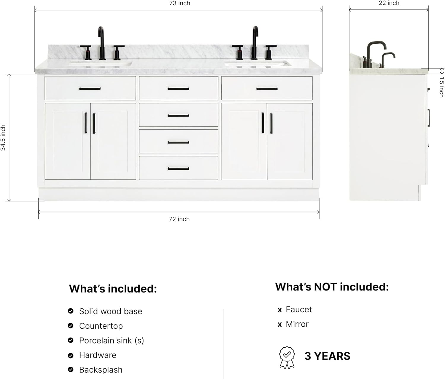 DKB Isabella 72 Inch Bathroom Vanity Double Sink — White Bathroom Vanity with Sink, 1.5" Edge Italian Carrara Marble Countertop & Backsplash, 4 Soft-Close Doors, 4 Dovetail Drawers, and 2 Tilt Drawers