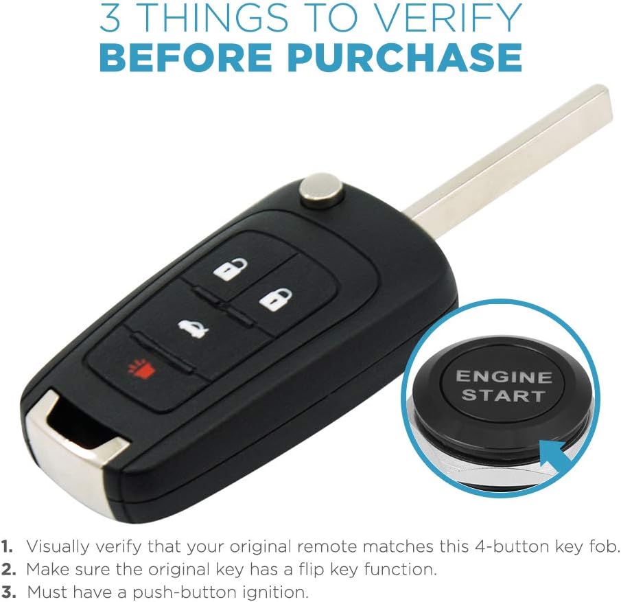 Image illustrating three verification steps before purchasing a key fob, including visual match, flip key, and push-button ignition