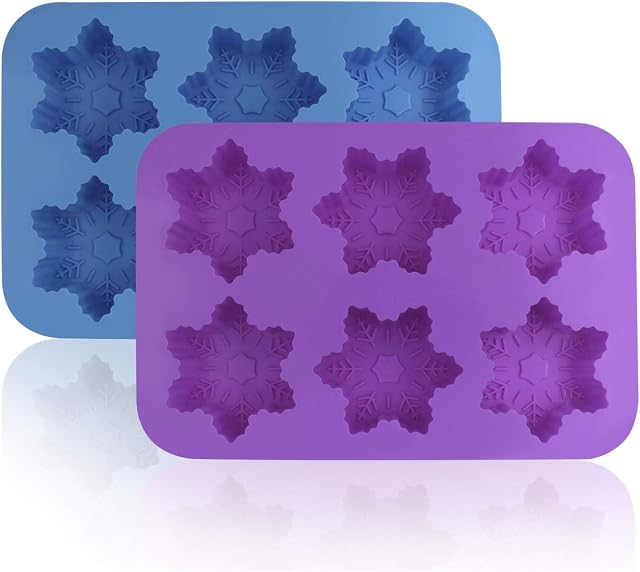 FineGood Silicone Snowflake Molds, 2 Pack Cake Chocolate Pudding Jelly Soap Muffin Trays for Kitchen Baking Decoration, 6-Cavity - Blue, Purple