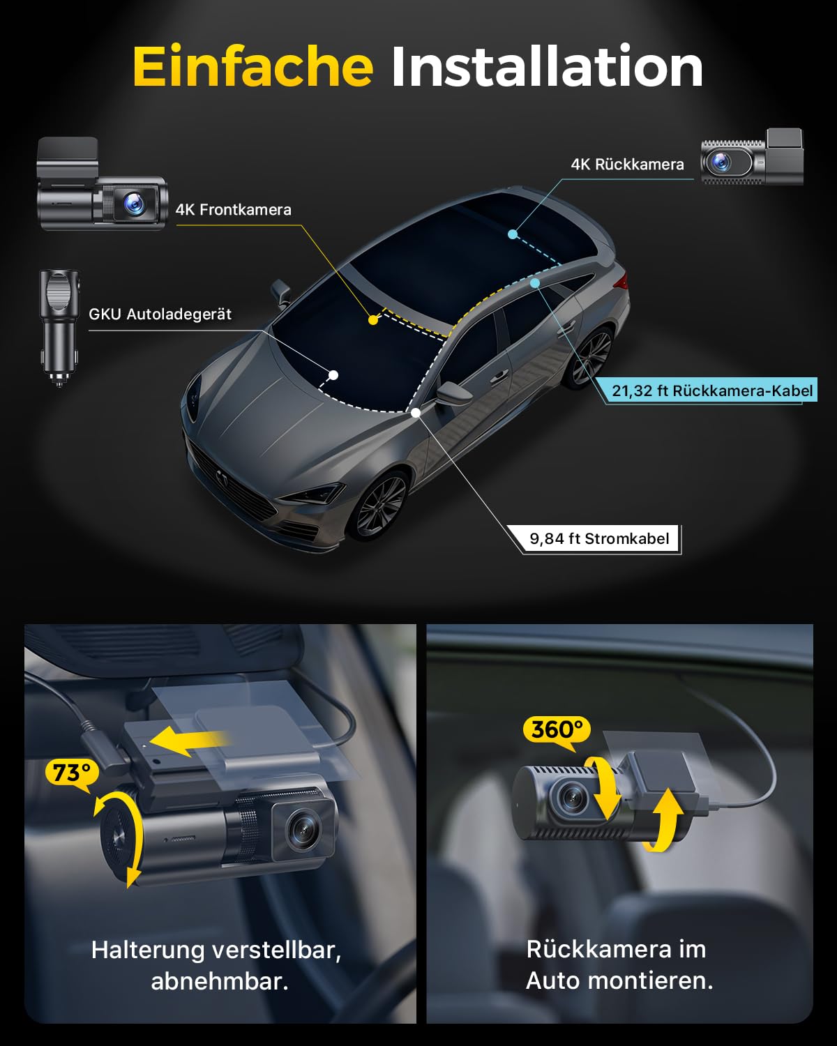 GKU 4K+4K Dashcam Auto Vorne Hinten mit STARVIS 2 Sensor, HDR Nachtsicht