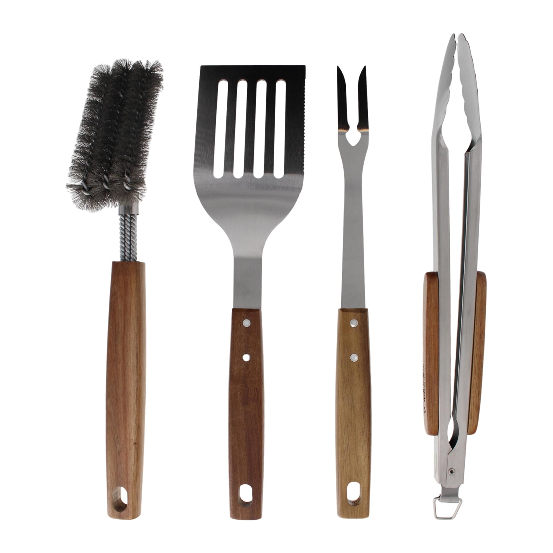 Lot de 4 ustensiles de barbecue en acier inoxydable - Avec poignées en bois et œillets de suspension - Accessoires de barbecue comprenant une pince à barbecue, une brosse à barbecue,