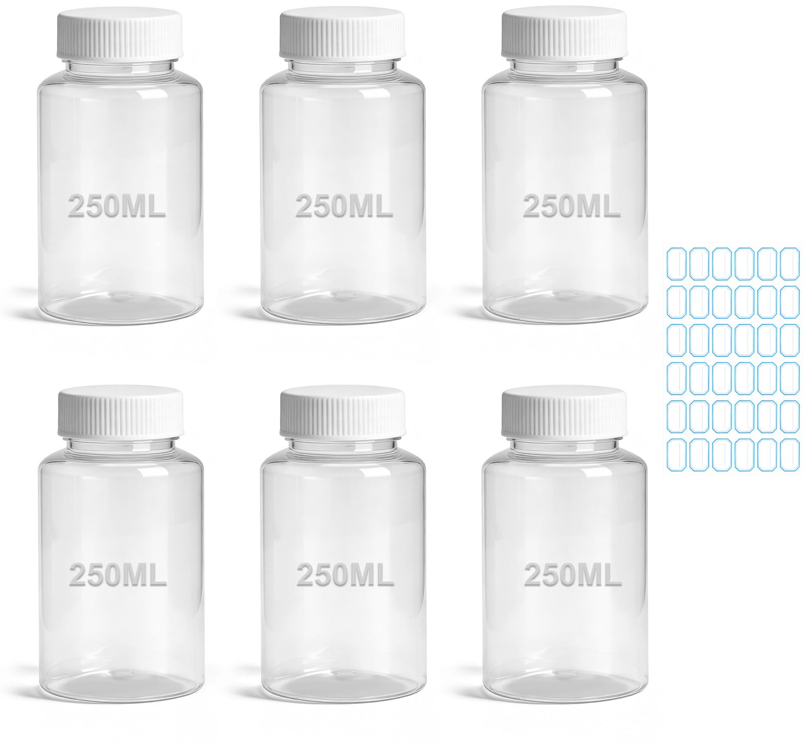 6 butelek z szeroką szyjką 250 ml, małe butelki do napełniania, 36 etykiet, plastikowe butelki do napełniania, małe plastikowe butelki z zakręcaną pokrywką, do próbek, kuchni, przechowywania "zrób to