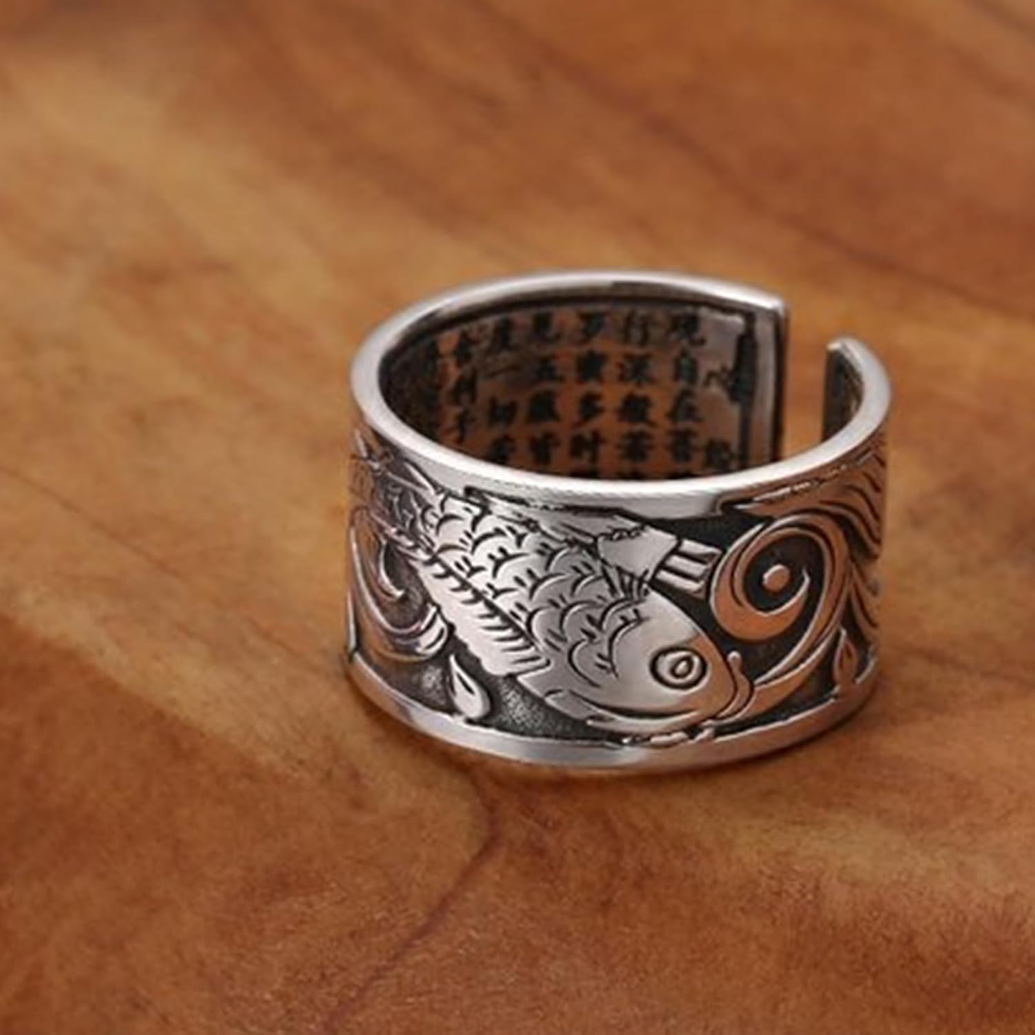 Vintage Silver Lucky Koi Fish Ring - Adjustable Feng Shui Tibetan Buddhist Heart Sutra Ring for Women Men, Protection Wealth Lucky Amulet Jewelry, Meditation Rings - Image 5
