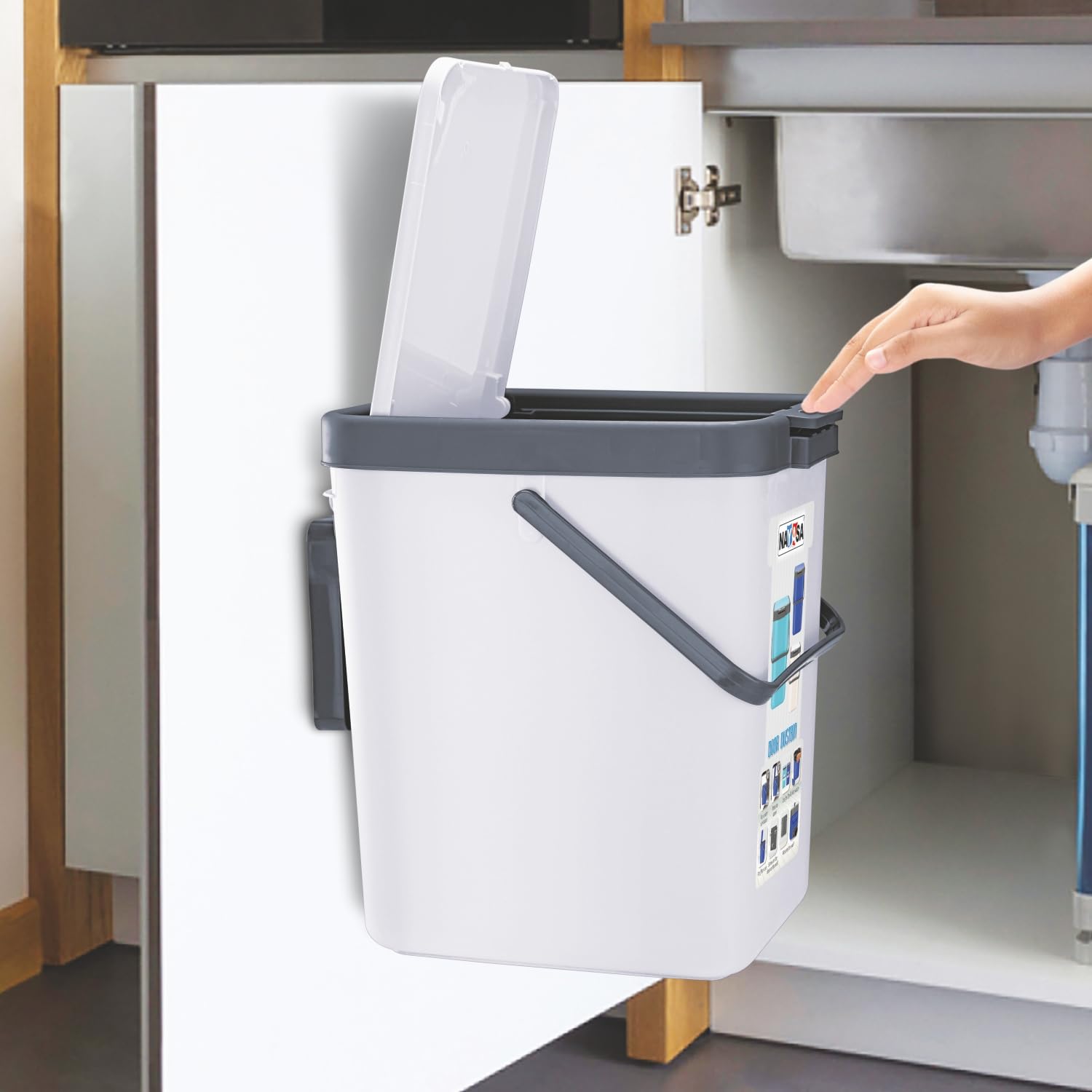 Nayasa Door Dustbin Small- 14 Ltr Plastic Press Top Waste Bin/Trash Can | Garbage Dustbin For Home, Kitchen, Bathroom, Office | Multipurpose Waste Bin | White-image-38