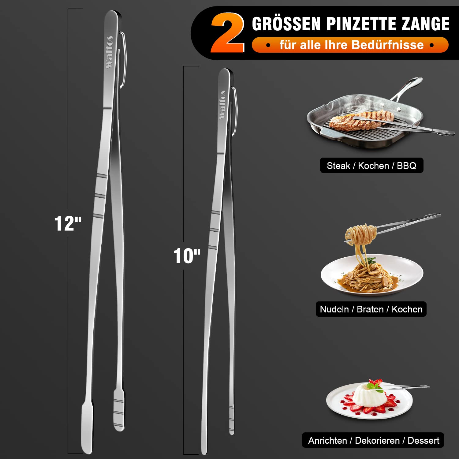 HOTUT Roestvrijstalen Voedseltangen - 2 Stuks Professionele Tangen, 30cm, Zwart