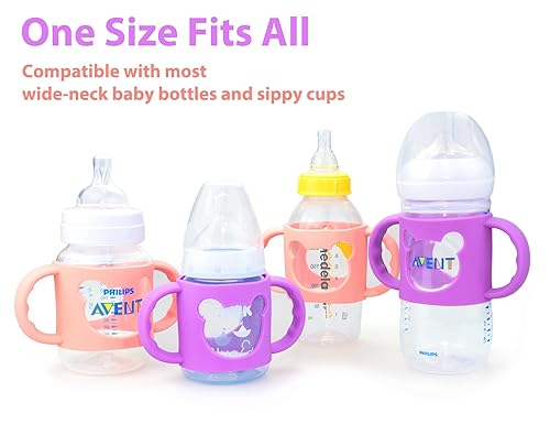 Miniatura 3 de Asas de biberón, mango duradero de silicona de grado alimenticio para biberones de cuello ancho, bonito diseño de oso, paquete de 2, rosa y morado