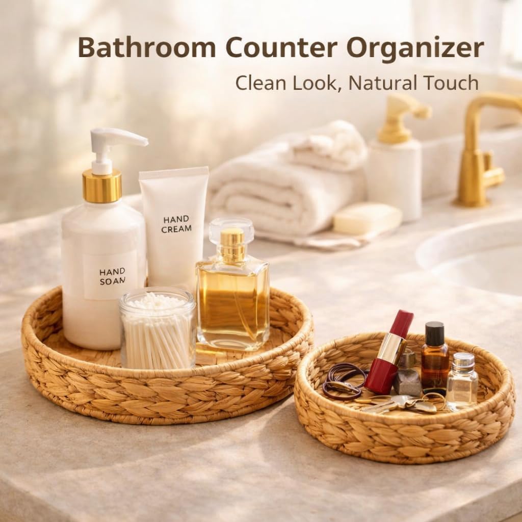 2Pcs Round Wicker Basket Tray, Large Woven Trays for Coffee Table Decor, Natural Water Hyacinth Serving Trays for Decor and Organization - Image 6