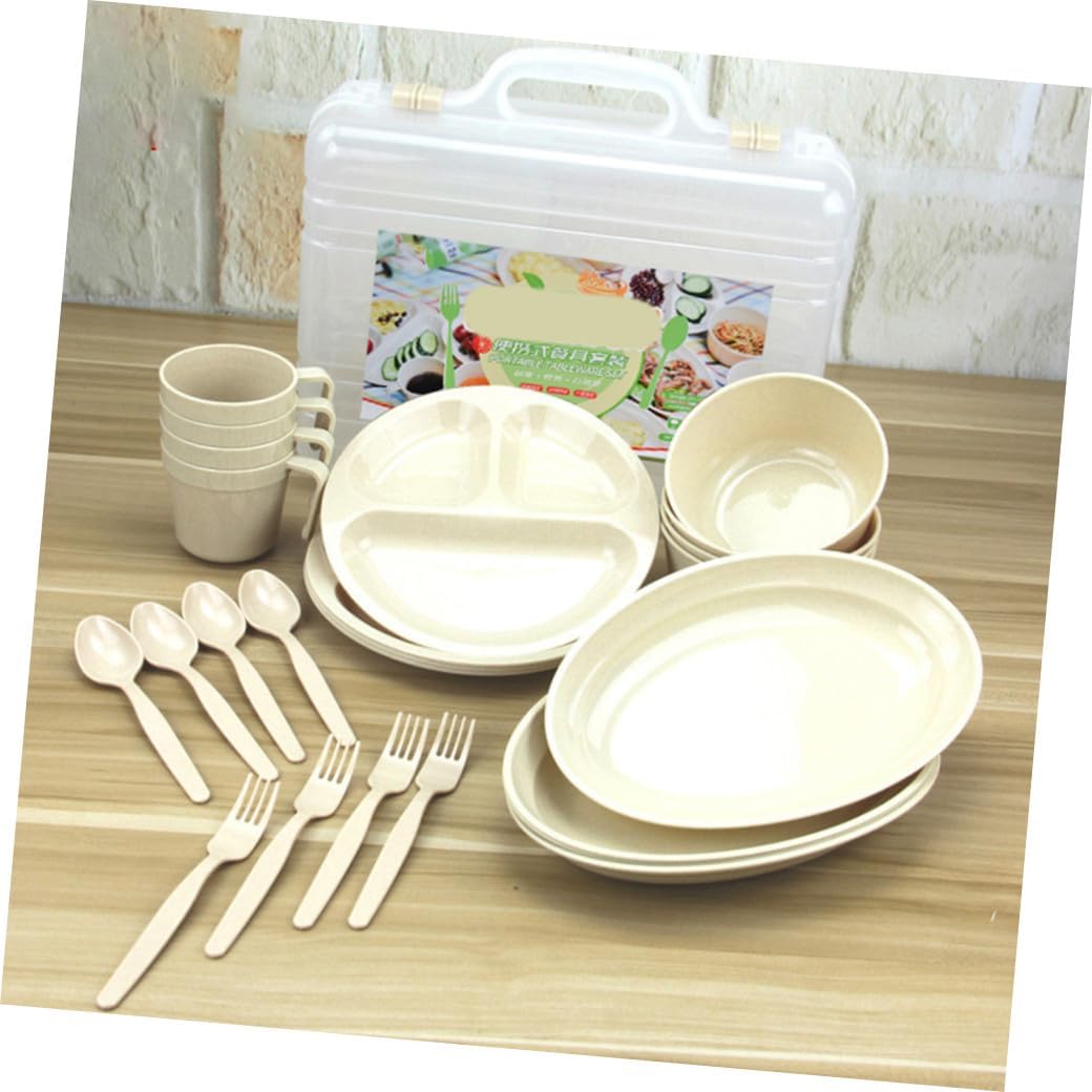 Portable Plastic Camping Dish with Plates Cups and Cutlery for Outdoor Picnics Hiking BBQ Reusable Tableware for Adults Smooth Edges to Prevent Spills
