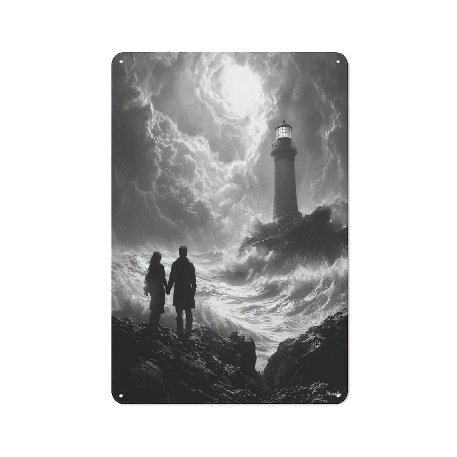 Junmoney Romantic Stormy Shore With Lighthouse - Charc Oal Art Casual Metal Wall Decor 30X20cm, Tin Sign For Greenhouse, Garden Room, Cafe Or Entryway
